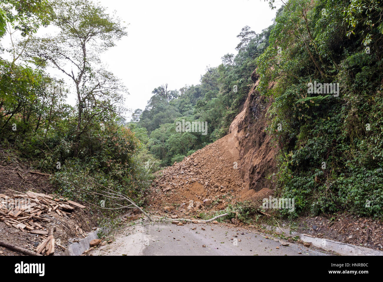 Road bloqué en raison d'un glissement de terrain dans l'autoroute Pan-americana au Costa Rica, près de la frontière du Panama. Banque D'Images