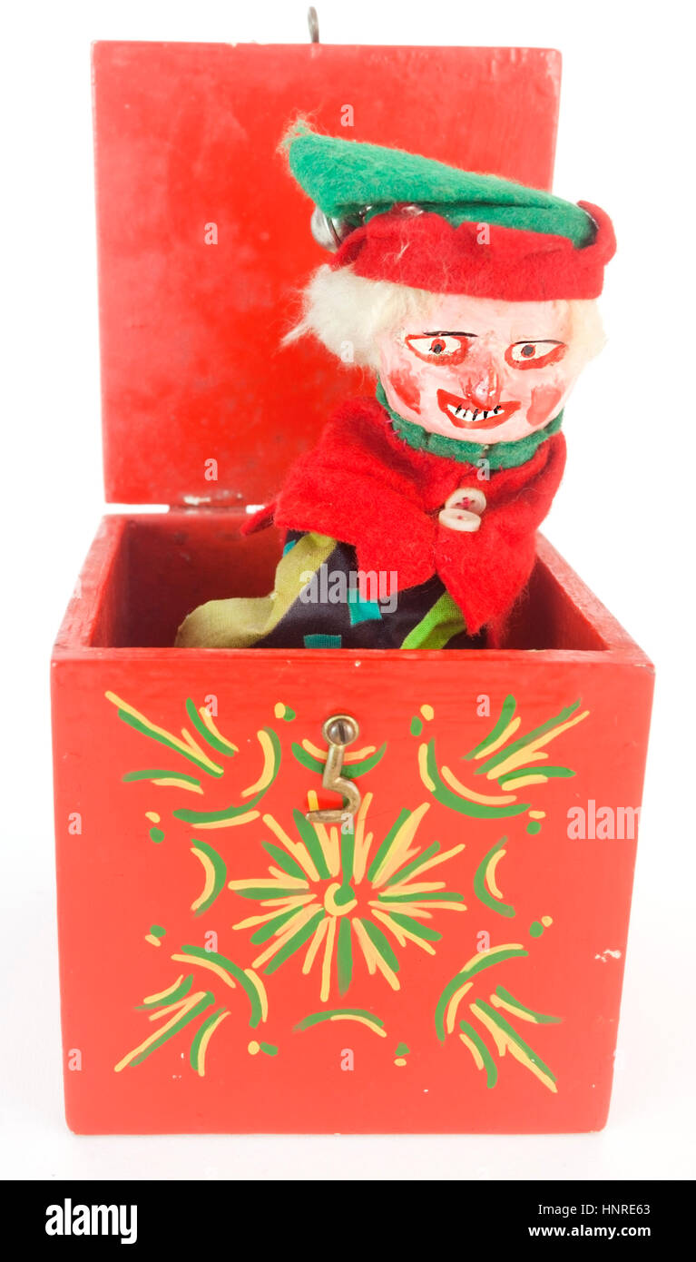 Effrayant, les mal-jack-in-the-box jouet. Isolées. La verticale. Banque D'Images