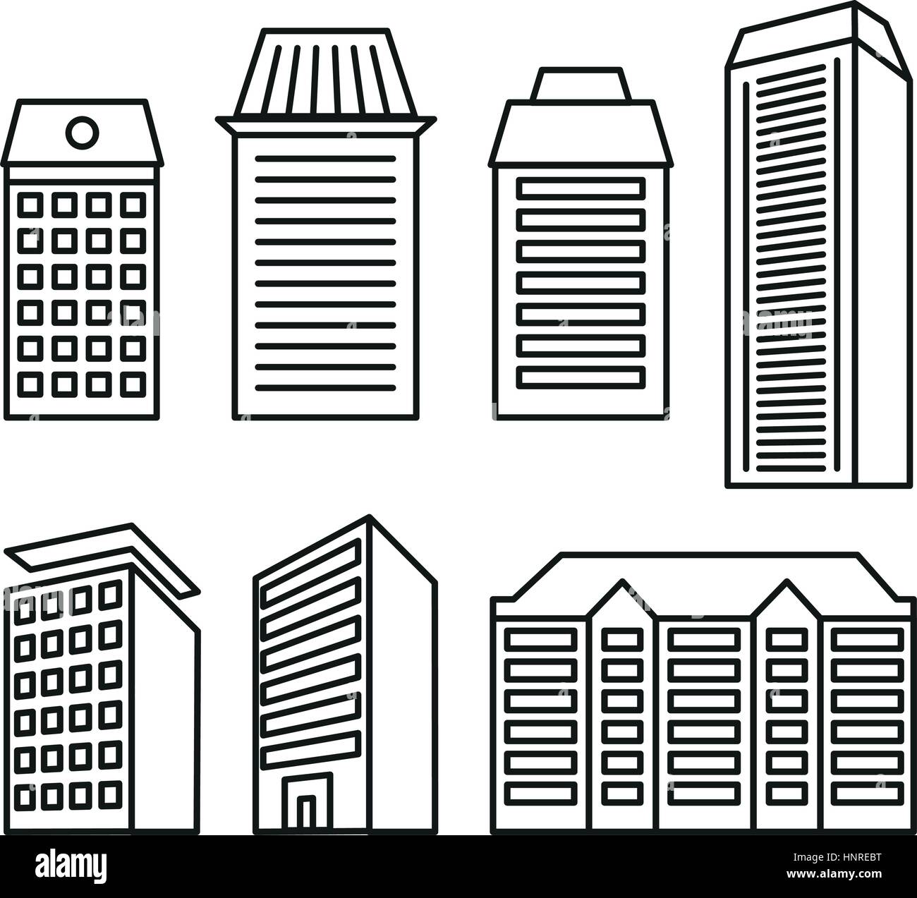 Noir et blanc couleur isolée des immeubles et maisons de faible hauteur à lineart icônes style collection, éléments d'architecture et bâtiments urbains illustrations vector set. Illustration de Vecteur