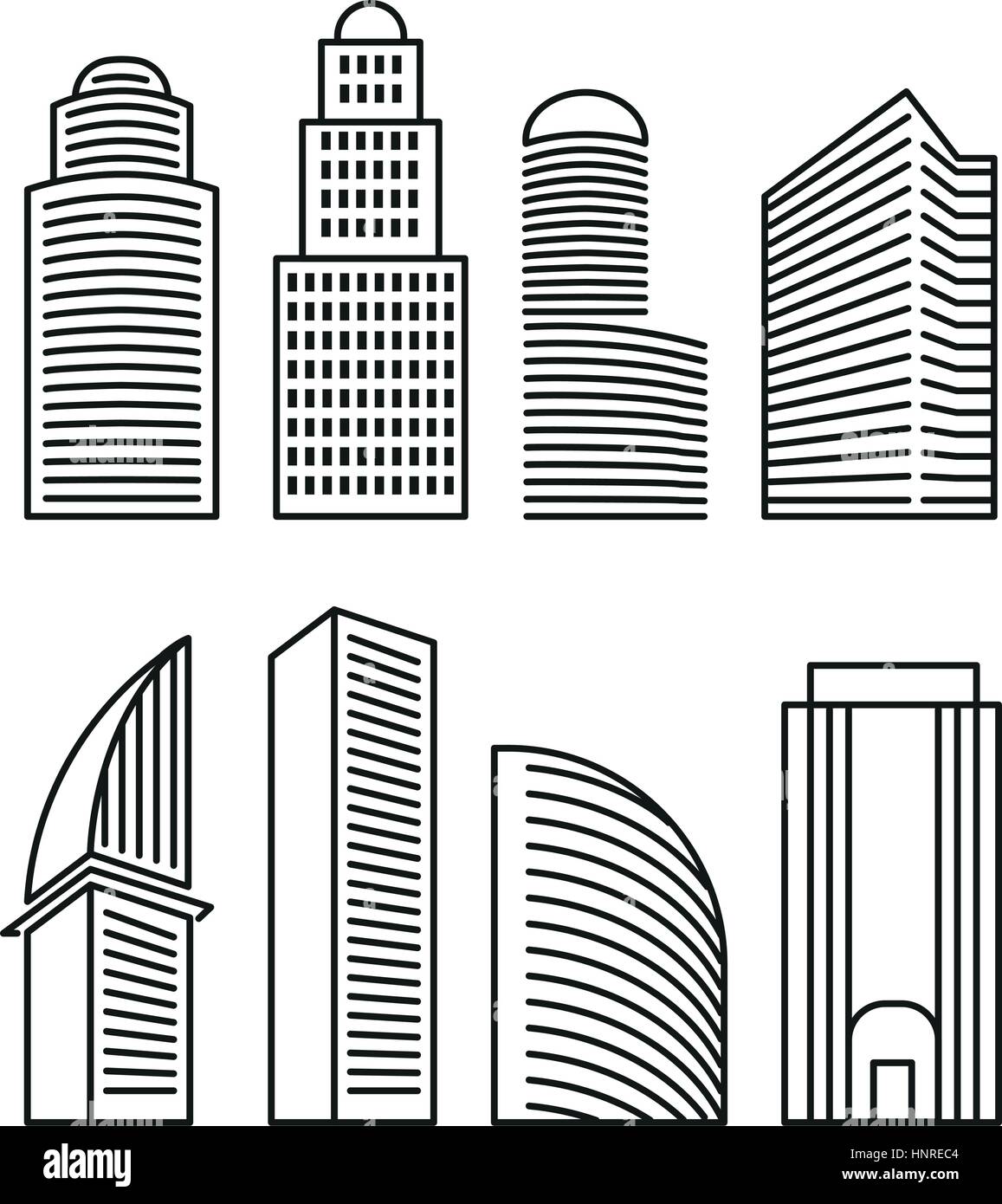Noir et blanc couleur isolé gratte-ciel à lineart icônes style collection, éléments d'architecture et bâtiments urbains illustrations vector set. Illustration de Vecteur