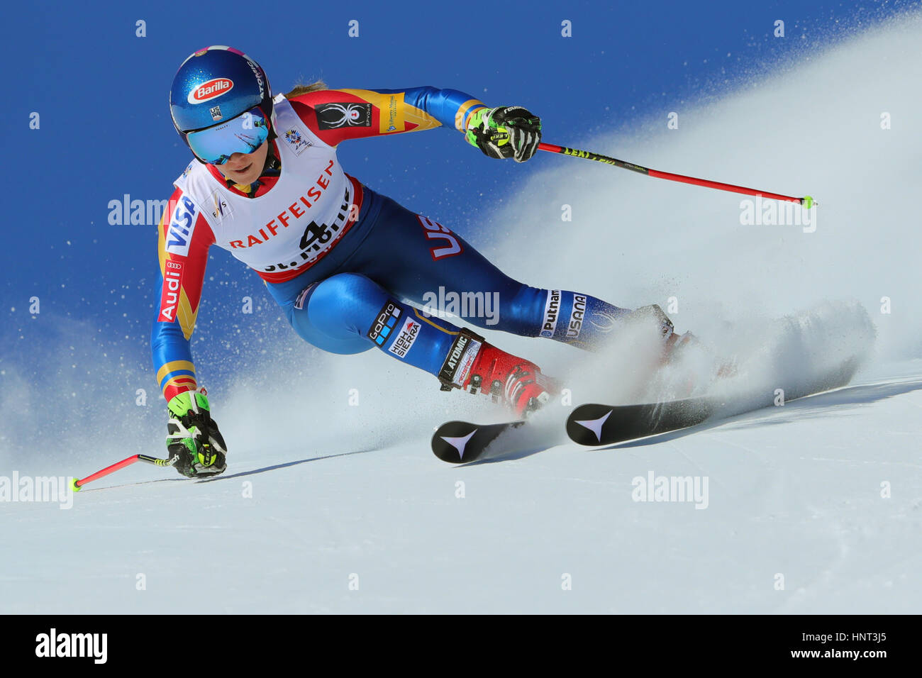 Saint-Moritz, Suisse. 16 Février, 2017. L'athlète américaine Mikaela Shiffrin dans l'action au Championnats du Monde de Ski Alpin à Saint-Moritz, Suisse, 16 février 2017. Photo : Michael Kappeler/dpa/Alamy Live News Banque D'Images