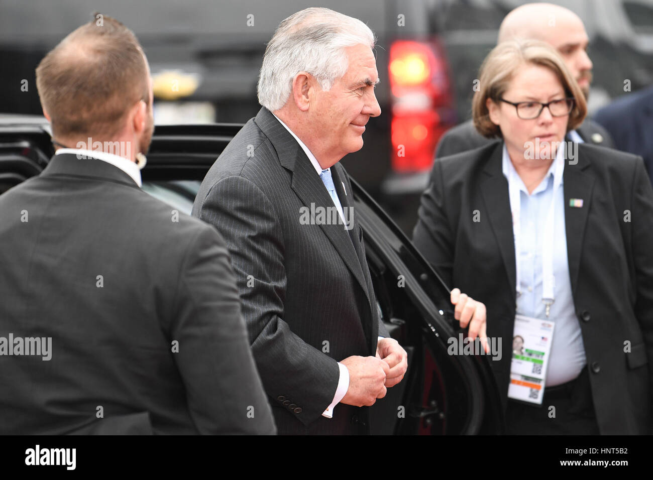 Bonn, Allemagne. 16 Février, 2017. Le ministre de la défense américain Rex Tillerson arrive à la réunion du G20 des ministres des affaires étrangères à Bonn, Allemagne, 16 février 2017. Photo : Federico Gambarini/dpa/Alamy Live News Banque D'Images