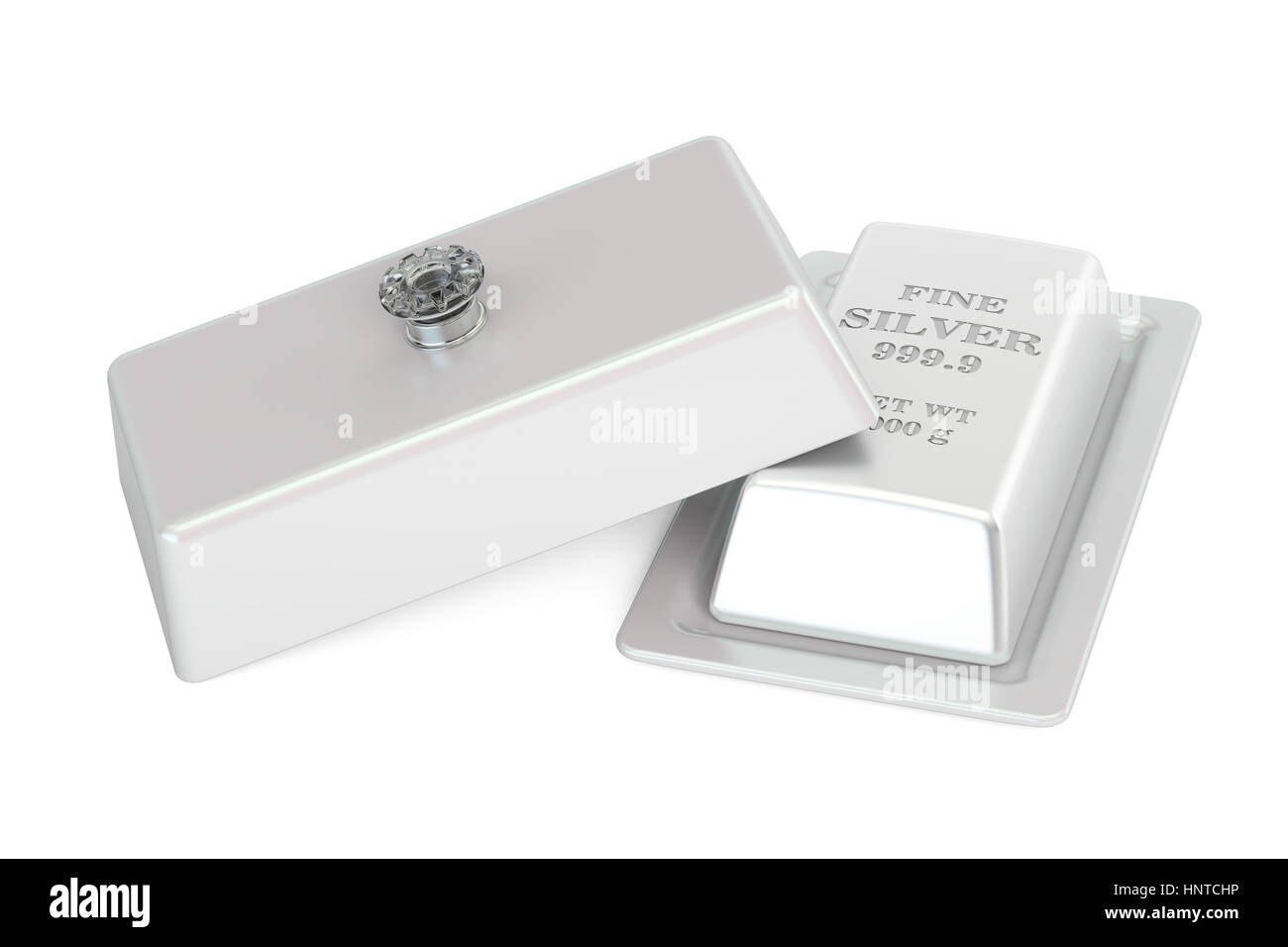 Concept financier. La barre d'argent sur un plateau avec couvercle ouvert, rendu 3D isolé sur fond blanc Banque D'Images