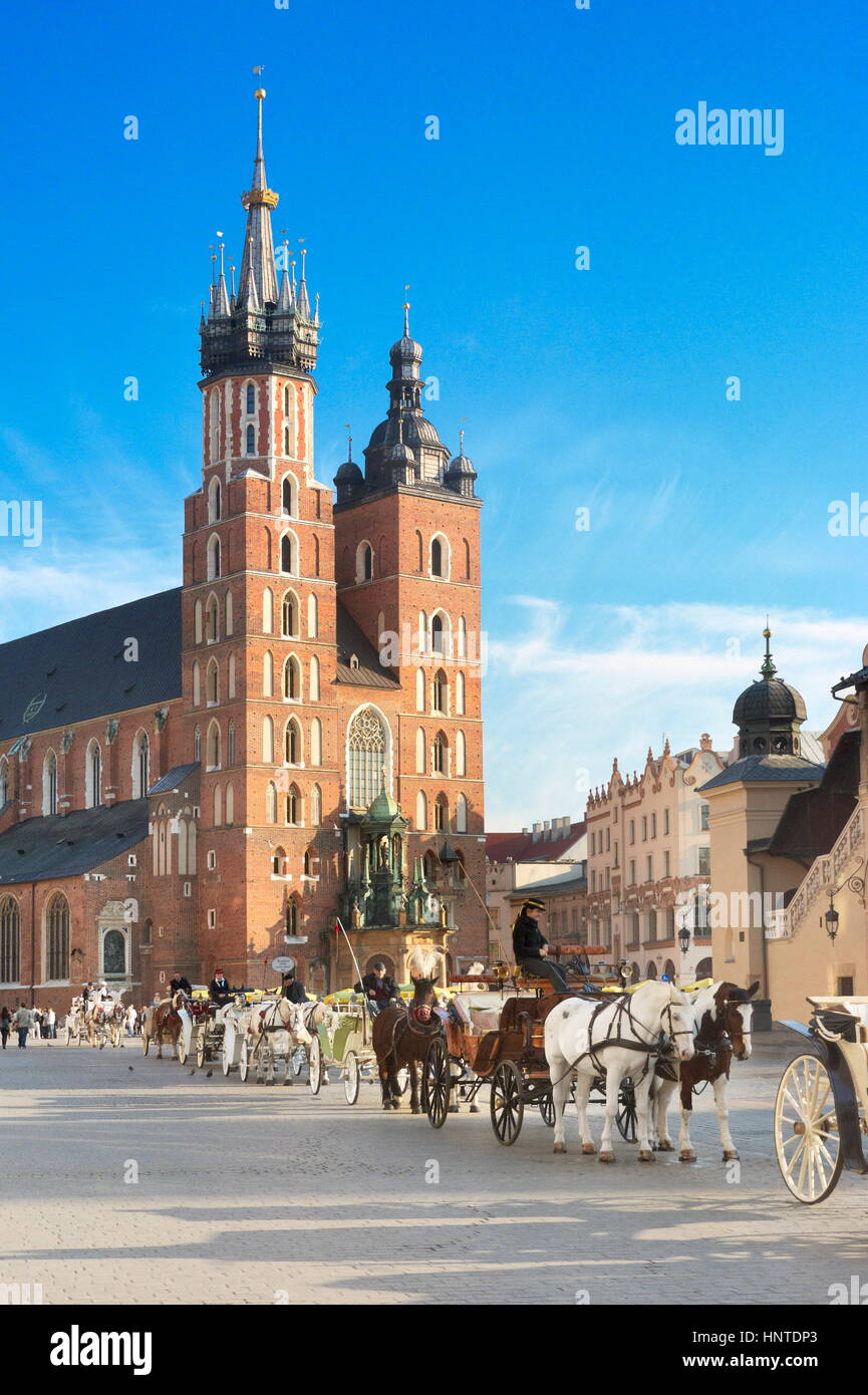 Transport attendent les touristes, l'église St Mary à l'arrière-plan, Crackow, la Pologne, l'UNESCO Banque D'Images Transport attendent les touristes, l'église St Mary à l'arrière-plan, Crackow, la Pologne, l'UNESCO Banque D'Images