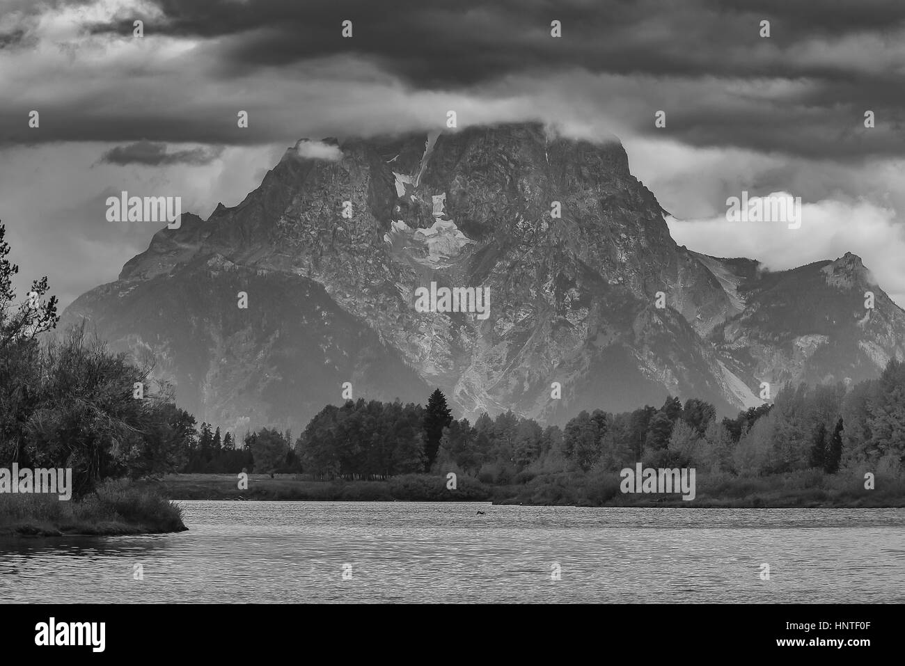 Oxbow Bend Parc National de Grand Teton, noir et blanc photographie de paysage Banque D'Images
