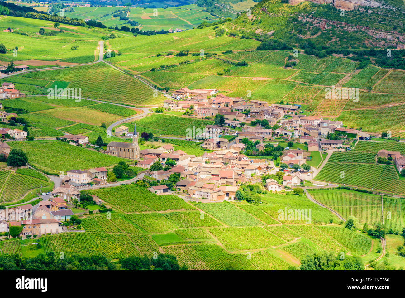 Le village de Vergisson entouré de vignes en Bourgogne du sud, Saône-et-Loire, Burgundy-Franche-Comte, France Banque D'Images