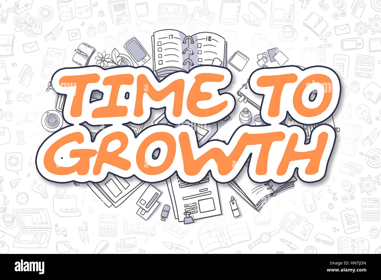 Le temps de la croissance - Doodle Un texte orange. Concept d'entreprise. Banque D'Images