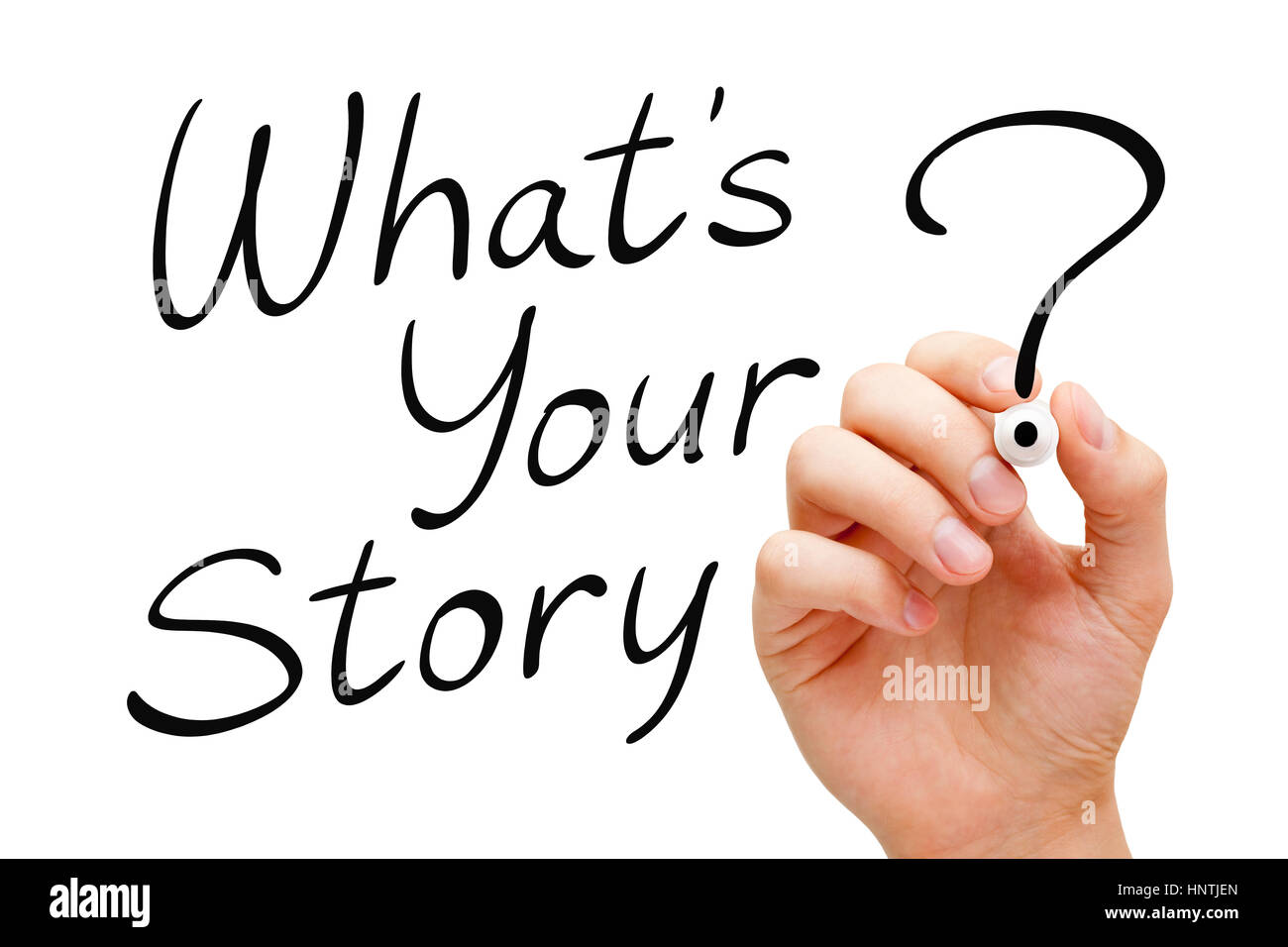 La main Qu'est-ce que votre histoire avec marqueur noir isolé sur blanc. Banque D'Images