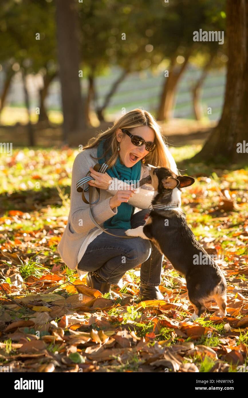 Caucasian woman Playing with dog in park Banque D'Images Caucasian woman Playing with dog in park Banque D'Images