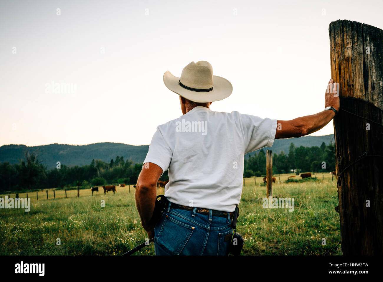 Caucasian farmer leaning on wooden post Banque D'Images