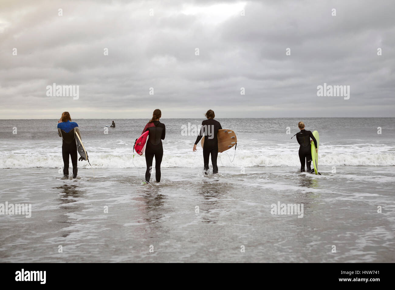 Vue arrière de quatre jeunes adultes en surfers carrying surfboards en mer sur Rockaway Beach, New York, USA Banque D'Images