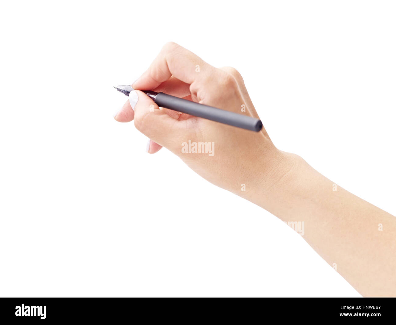 Main d'une femme tenant un stylo isolé sur fond blanc. Banque D'Images
