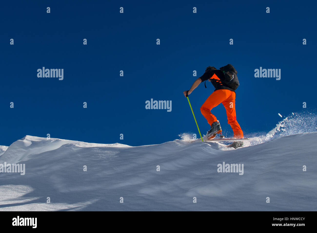 Un homme la skieuse alpine monter sur les skis et les peaux dans la neige Banque D'Images