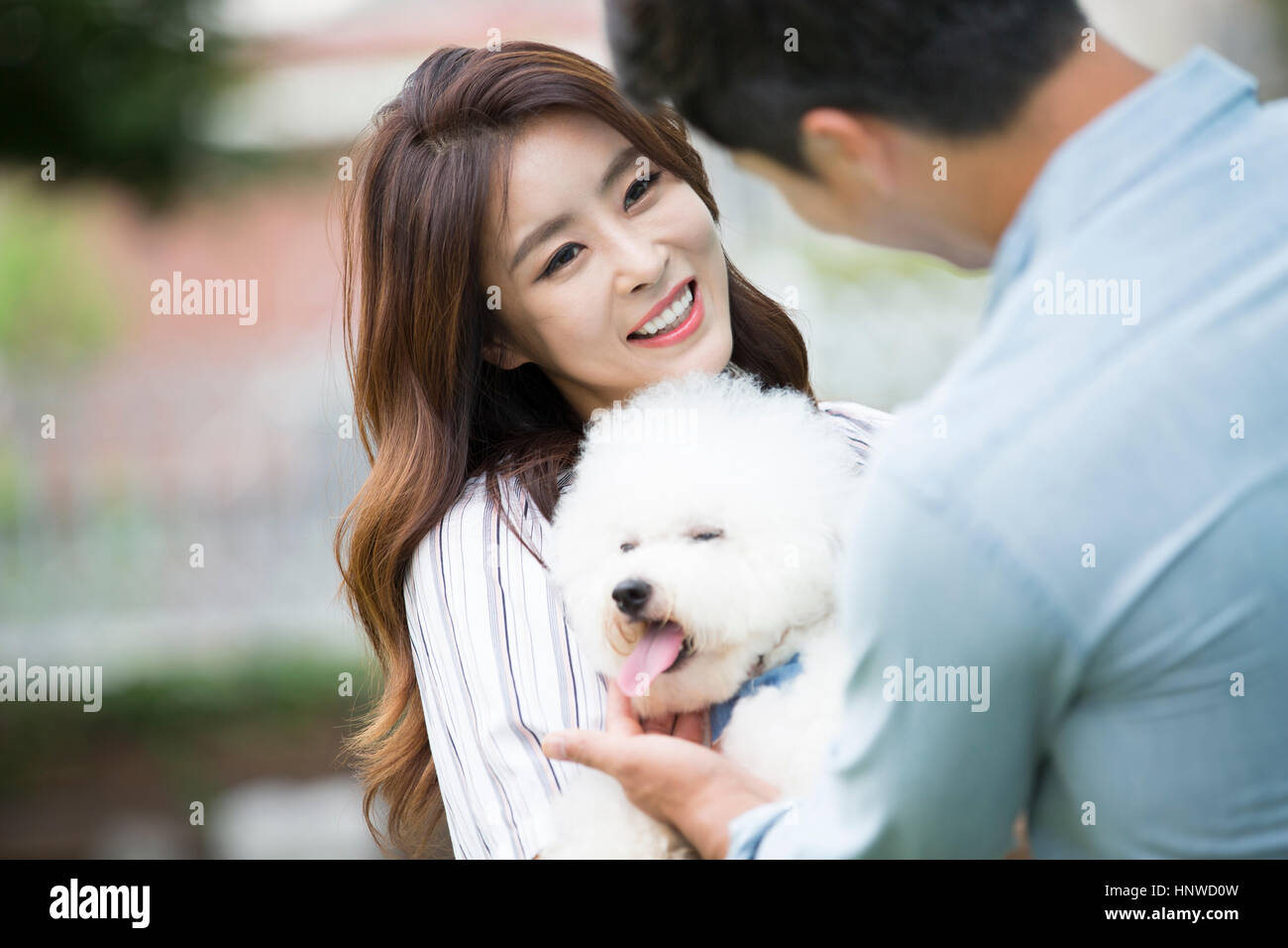 Smiling couple avec chien Banque D'Images