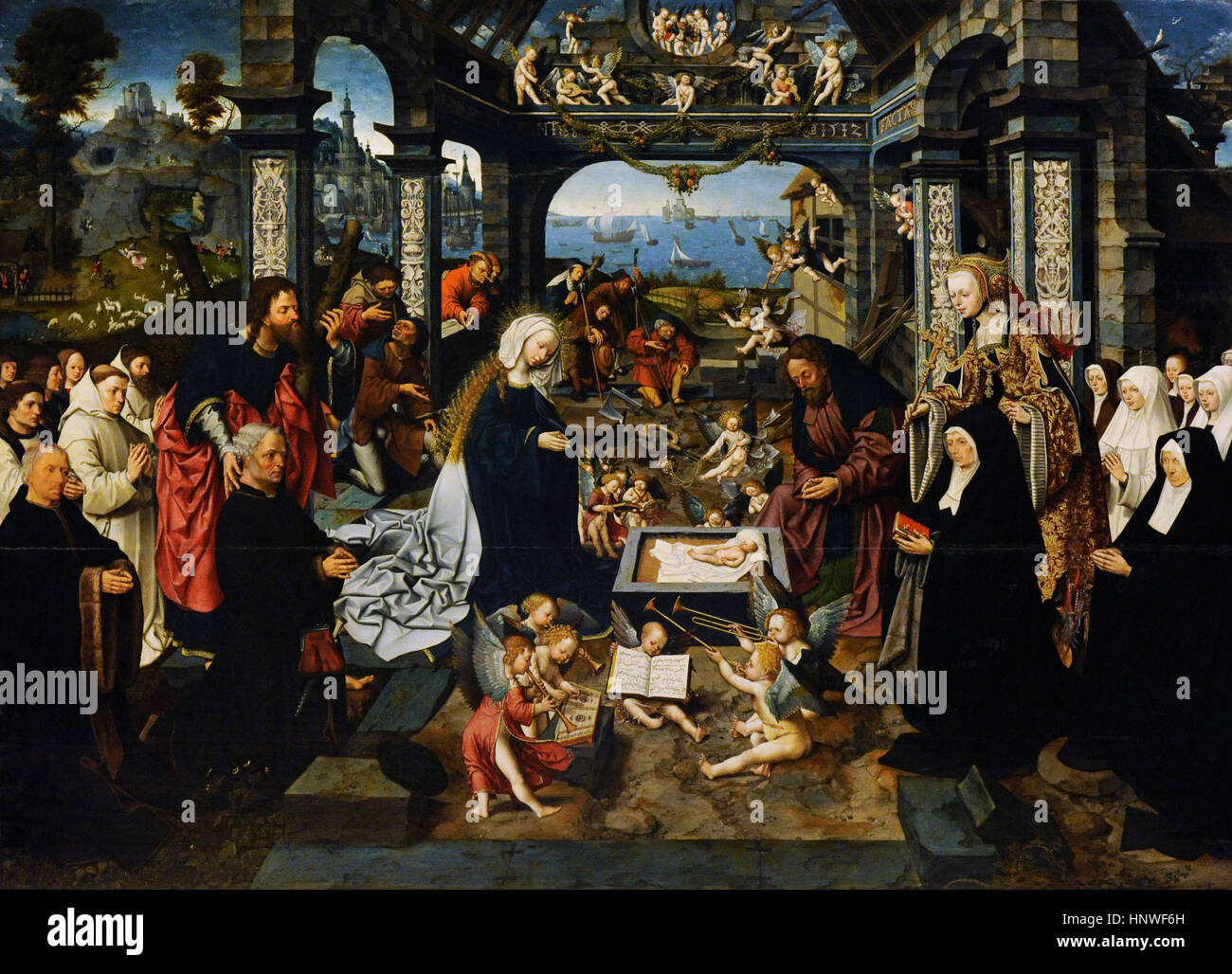 Jacob Cornelisz van Oostsanen (ca.1470-1533). Peintre flamand. L'Adoration de l'enfant, 1512. Collection de Bourbon. Musée national de Capodimonte. Naples. L'Italie. Banque D'Images