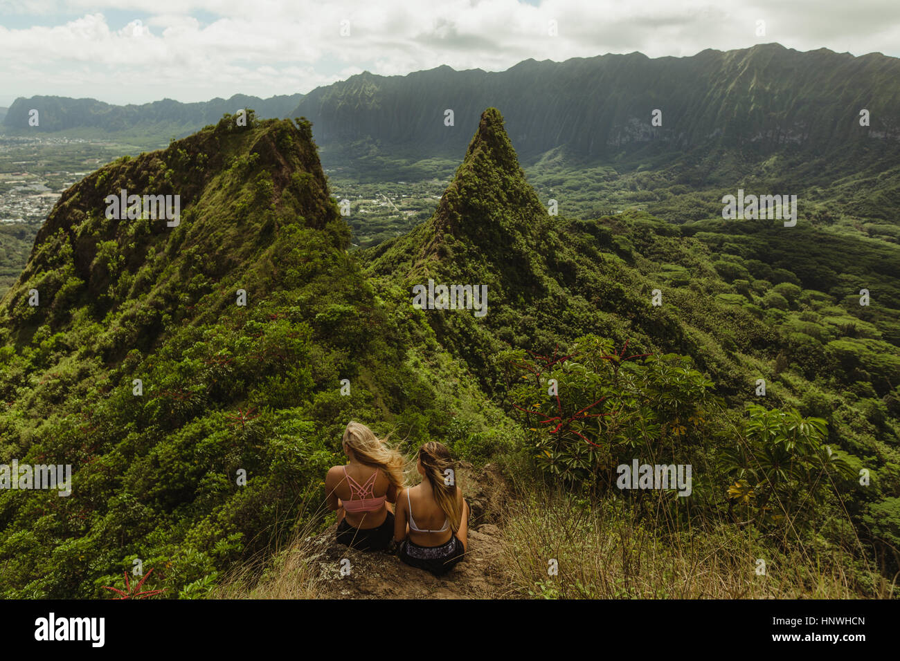 Vue arrière d'amis sur la montagne couverte d'herbe, Oahu, Hawaii, USA Banque D'Images