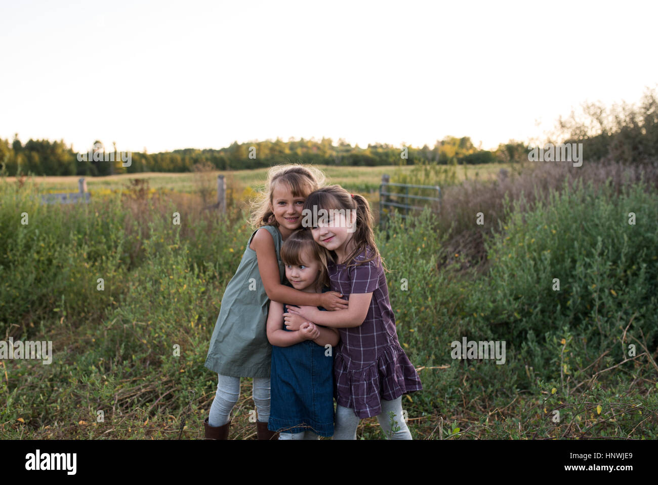Portrait de trois jeunes filles debout ensemble dans champ, hugging Banque D'Images