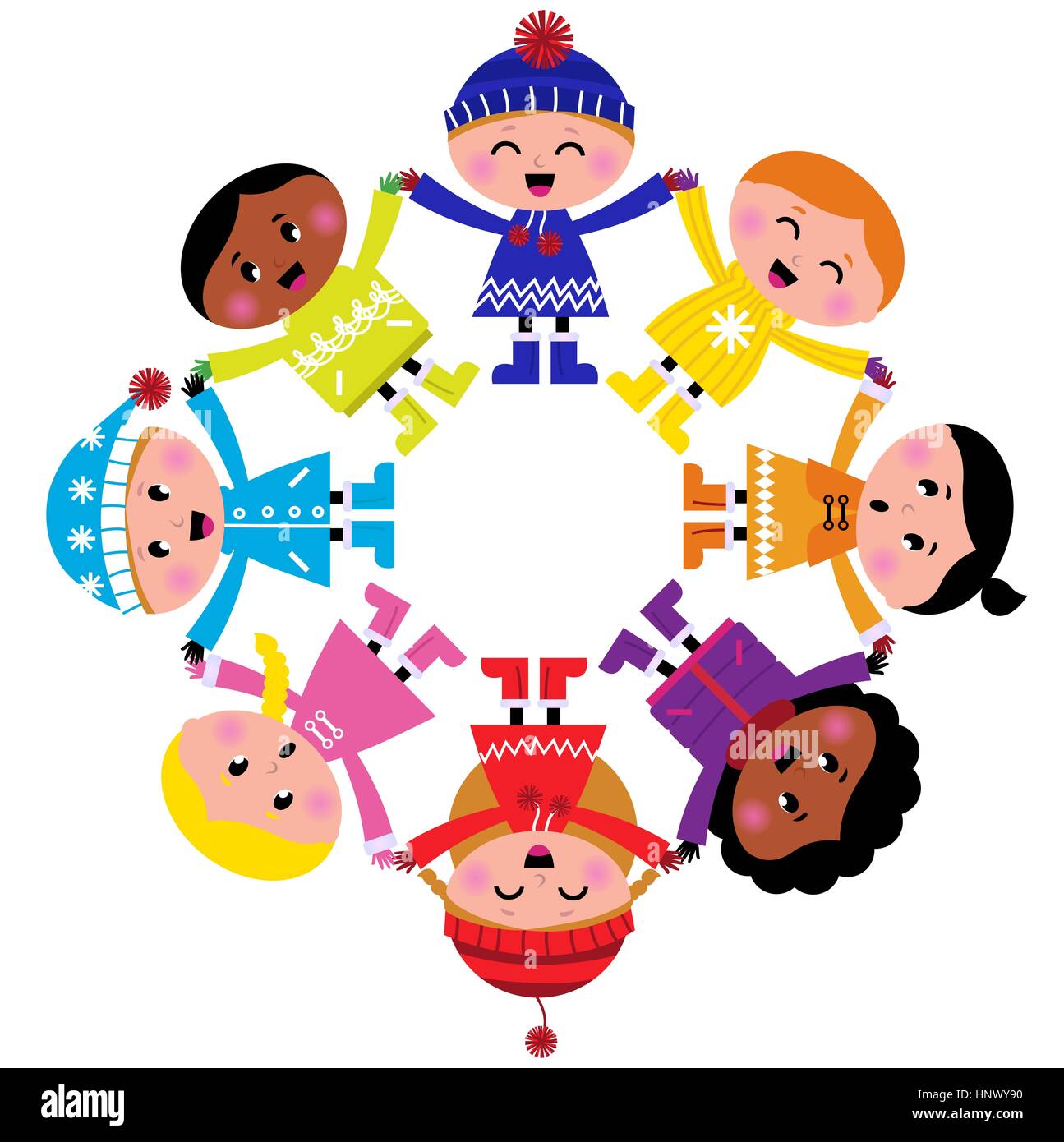 Les enfants d'hiver coloré dans le groupe. Illustration de l'art pour les enfants de coloriage arc-en-ciel Banque D'Images