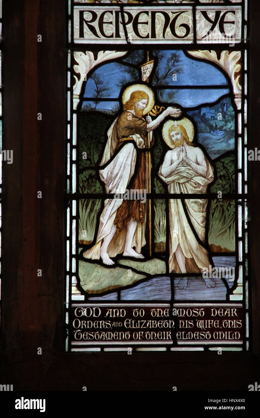 Vitrail représentant le baptême de Jésus Christ par Jean le Baptiste, l'église de Saint tous, Ripley, près de Harrogate, North Yorkshire, Angleterre Banque D'Images