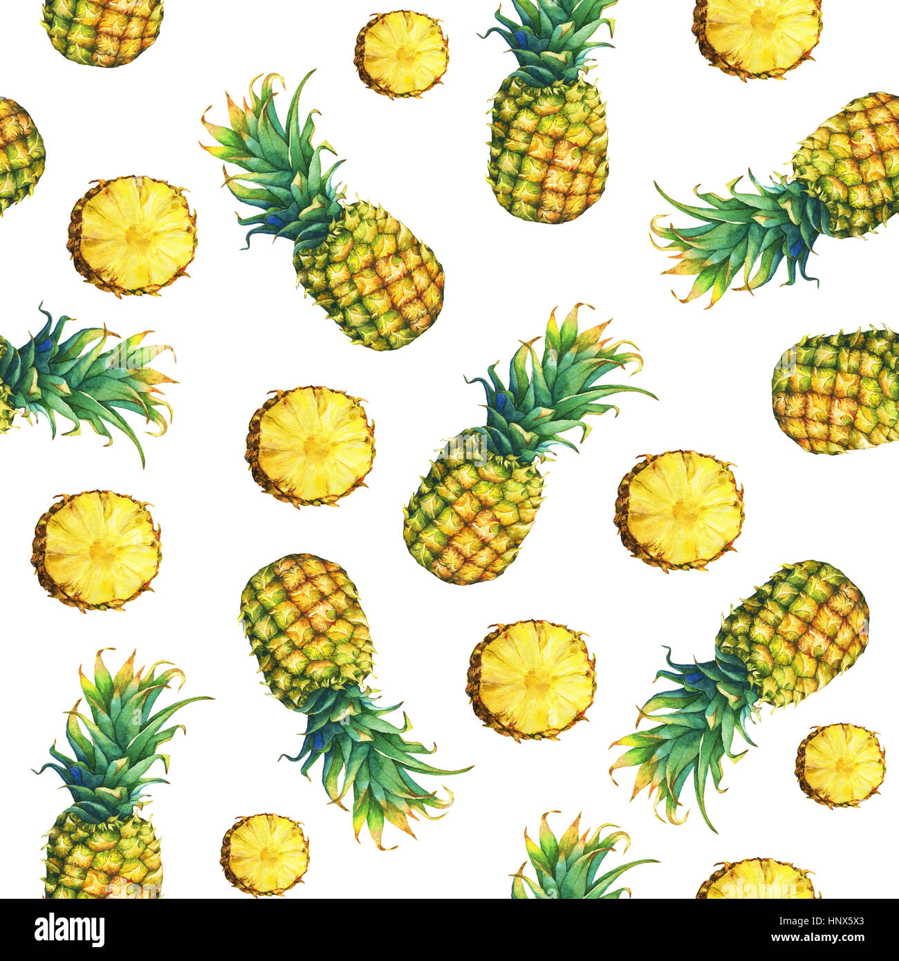 Le modèle de fluide de fruits frais ananas aux feuilles vertes. La main de l'aquarelle sur fond blanc. Banque D'Images