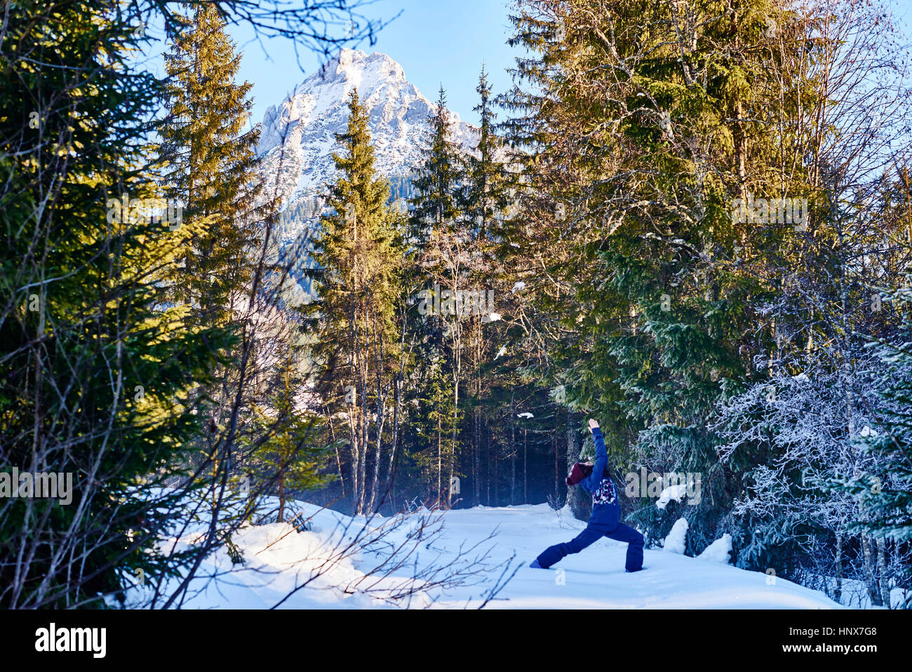Femme dans les vêtements d'hiver la pratique de yoga guerrier dans la forêt enneigée, Autriche Banque D'Images
