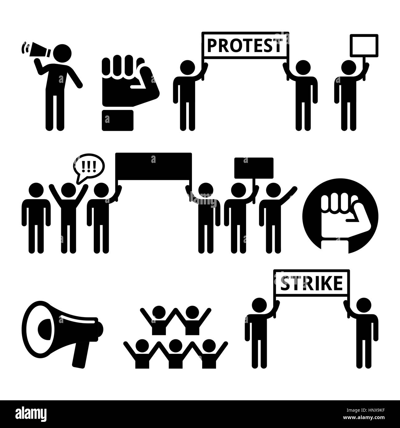 Grève de protestation, les personnes qui font preuve, ou de lutter pour leurs droits icons set Illustration de Vecteur