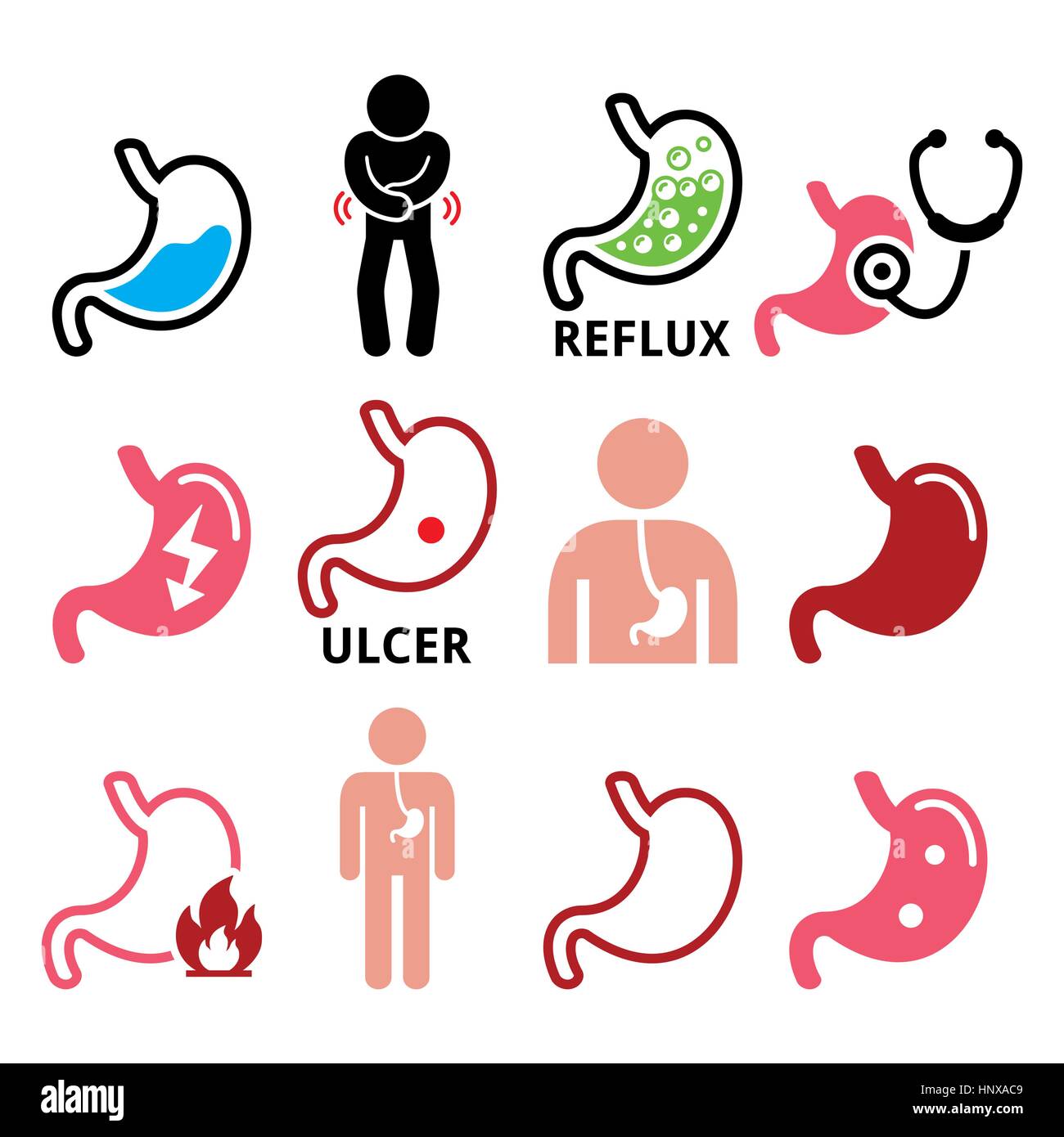 La maladie de l'estomac, ulcère œsophagien- vector icons set Illustration de Vecteur