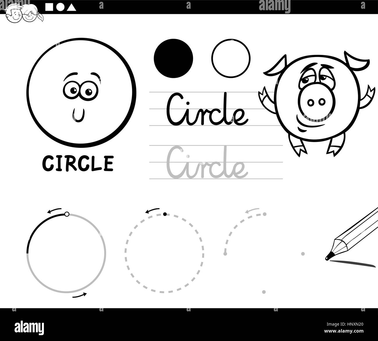 Noir et Blanc Dessin Animé éducatif Illustration de Cercle forme géométrique de base pour les enfants Coloriages Illustration de Vecteur