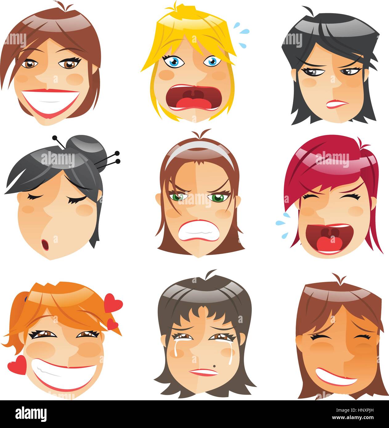 Femme Chef de caractères des gens Avatar Profil d'expressions de l'ensemble de vues avant, vector illustration. Illustration de Vecteur