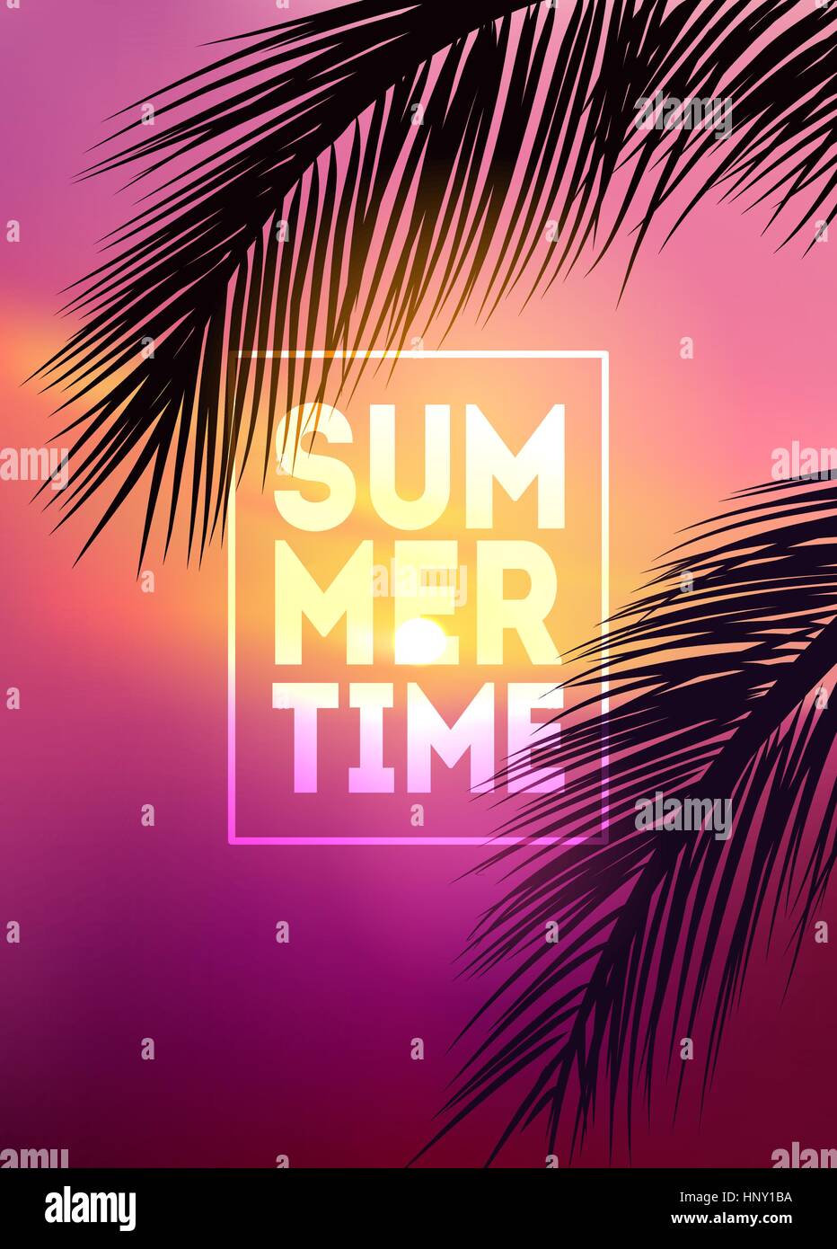 Arrière-plan de palmiers tropicaux d'été, le ciel et le coucher du soleil. Plaque d'été affiche flyer carte d'invitation. Summertime Illustration de Vecteur