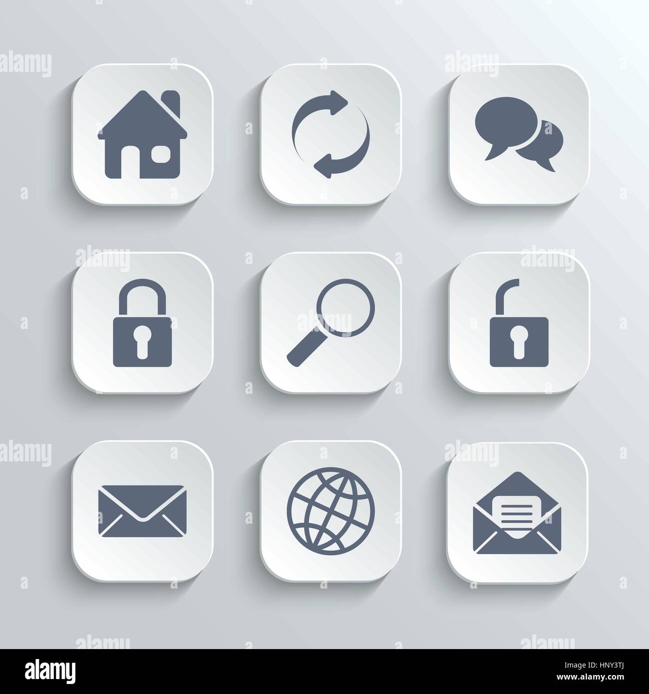 Web icons set - vector app blanc avec boutons Actualiser accueil bulle verrouiller déverrouiller recherche mail globe Illustration de Vecteur