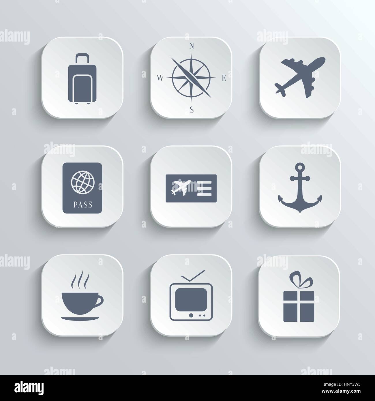 Travel icons set - blanc avec boutons vecteur app boussole plan d'ancrage valise passeport cadeau ticket café plat symboles Illustration de Vecteur