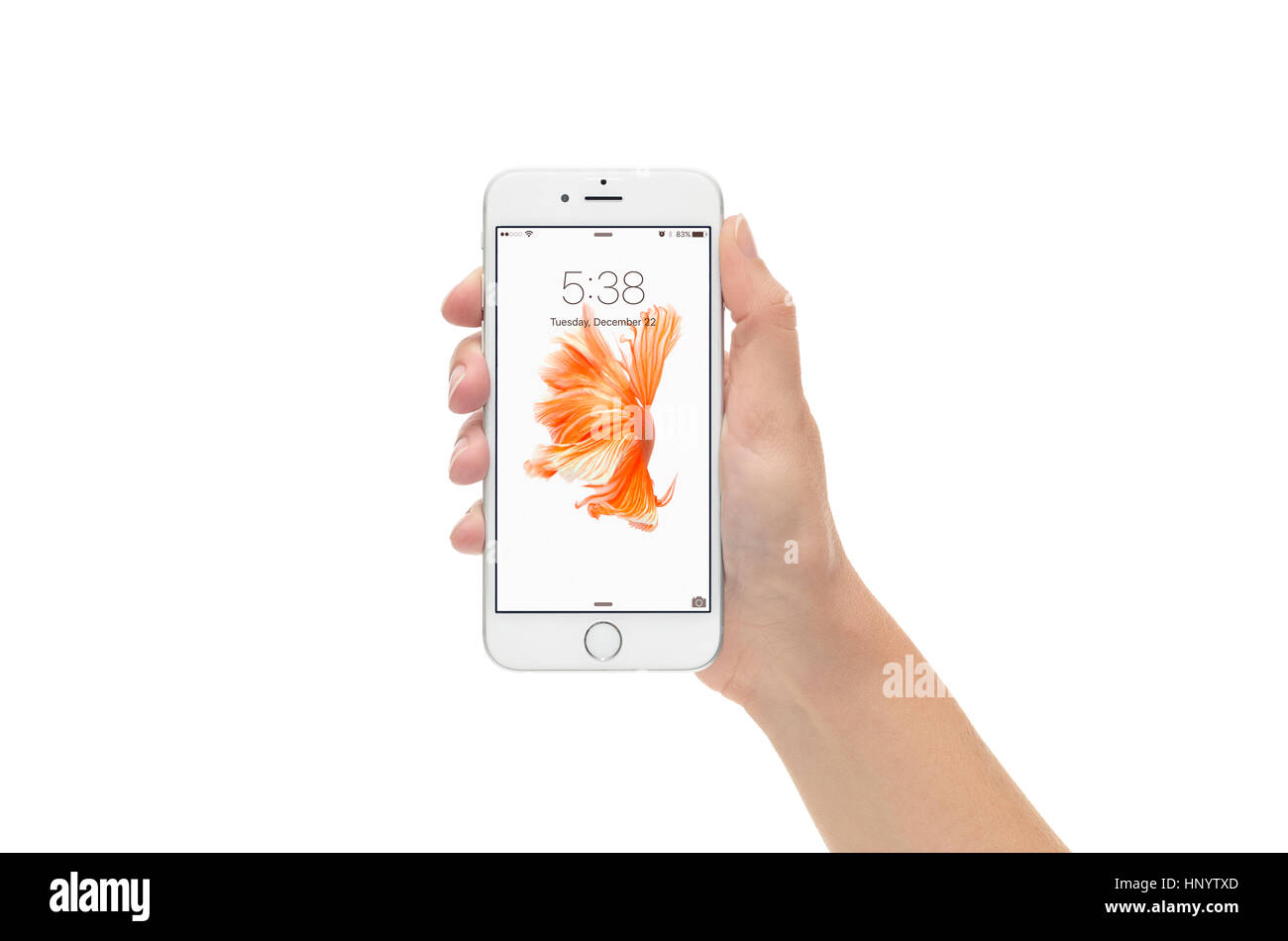 San Francisco, Californie, USA - 5 novembre 2015 : une vue de face un silver Apple iPhone 6 montre l'écran verrouillé Banque D'Images