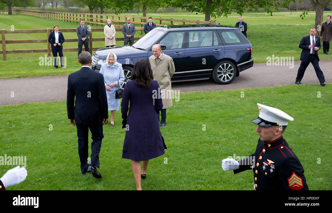 La reine Elizabeth II et le Prince Philip l'Obamas Bienvenue au Château de Windsor 22 avril 2016. Photo : Pete Souza/White House Banque D'Images