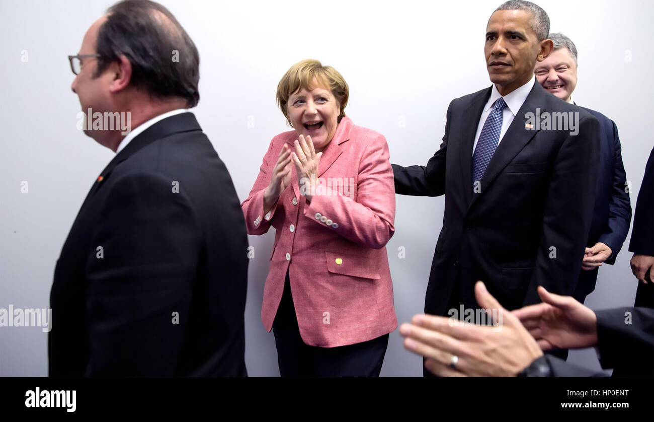 Le président américain Barack Obama avec la Chancelière allemande Angela Merkel à Varsovie le 9 juillet 2016. Photo : Pete Souza/White House Banque D'Images