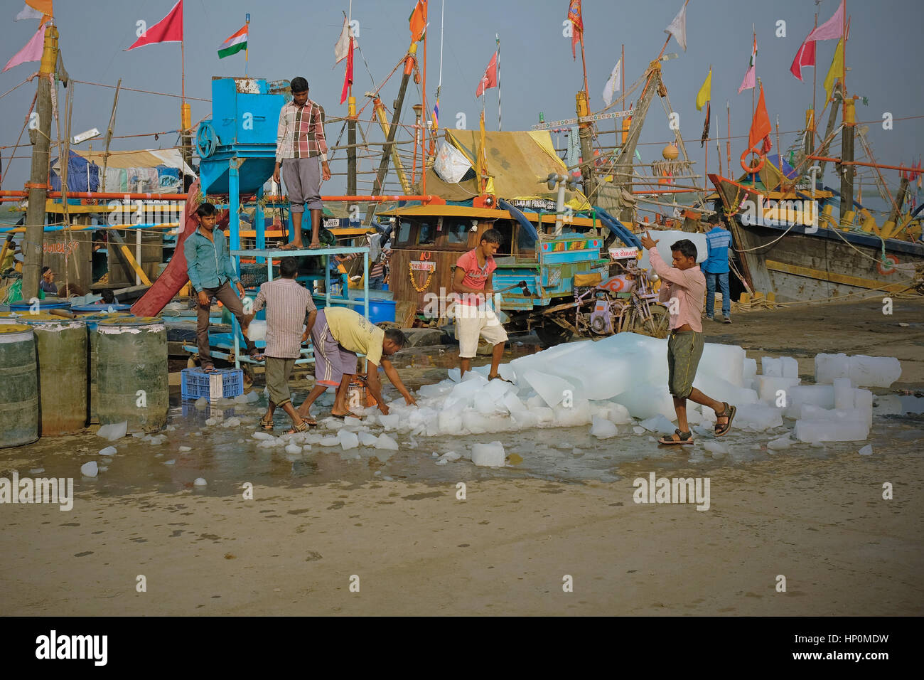 Équipes de pêche de glace à bord de leur chargement des bateaux pour préserver leurs prises avant de quitter l'île de Diu dans le Gujarat State pour la pêche de la mer d'Oman Banque D'Images