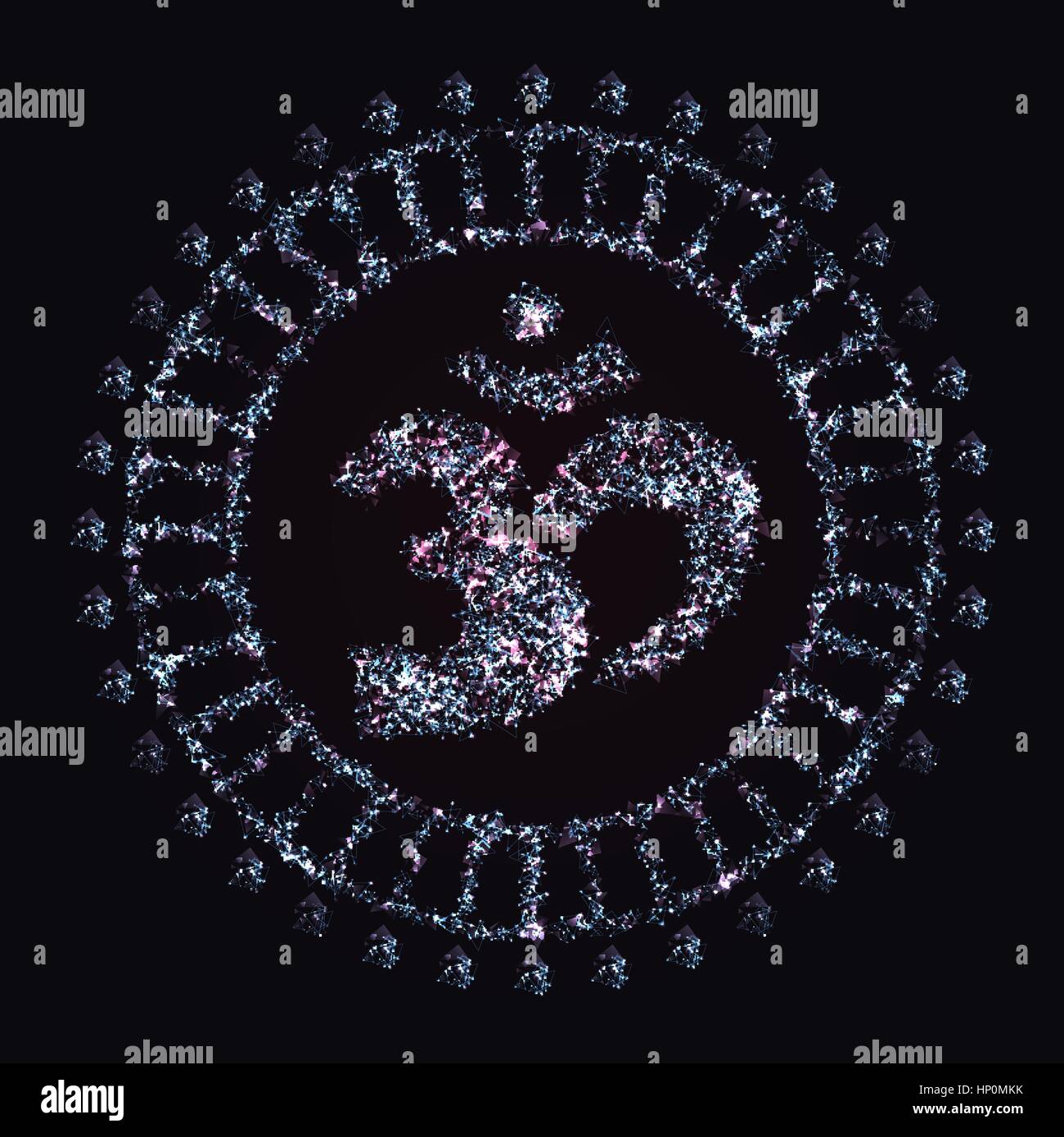 Symbole Aum ou om faite d'éléments polygonaux, points lumineux et particules pour votre conception Illustration de Vecteur