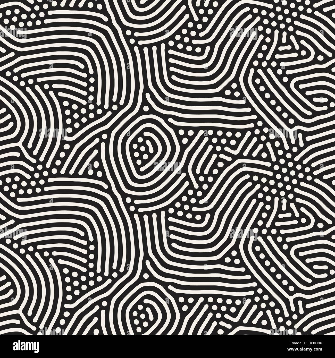 Lignes arrondies irrégulières organique. Seamless Vector motif en noir et blanc. Illustration de Vecteur