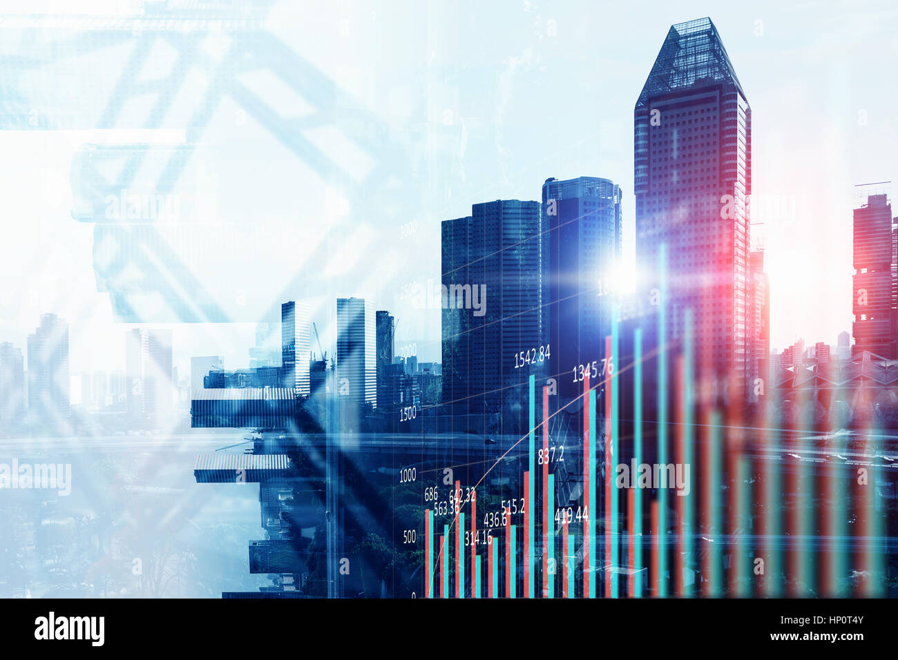 Avec les cartes double explosure businesss et district de ville megapolis Banque D'Images