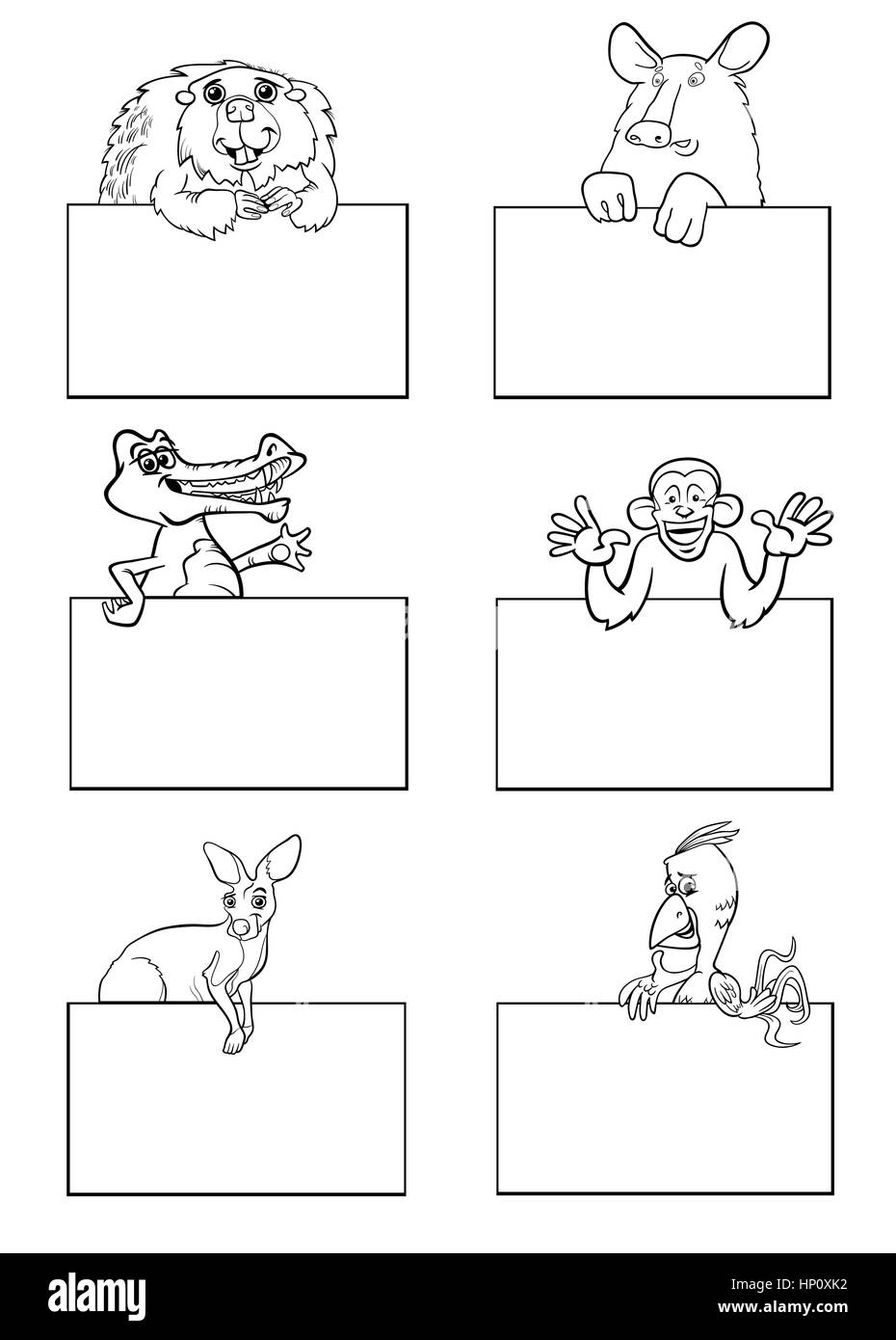 Illustration Cartoon noir et blanc d'animaux avec du blanc ou une carte de souhaits Set Design Illustration de Vecteur