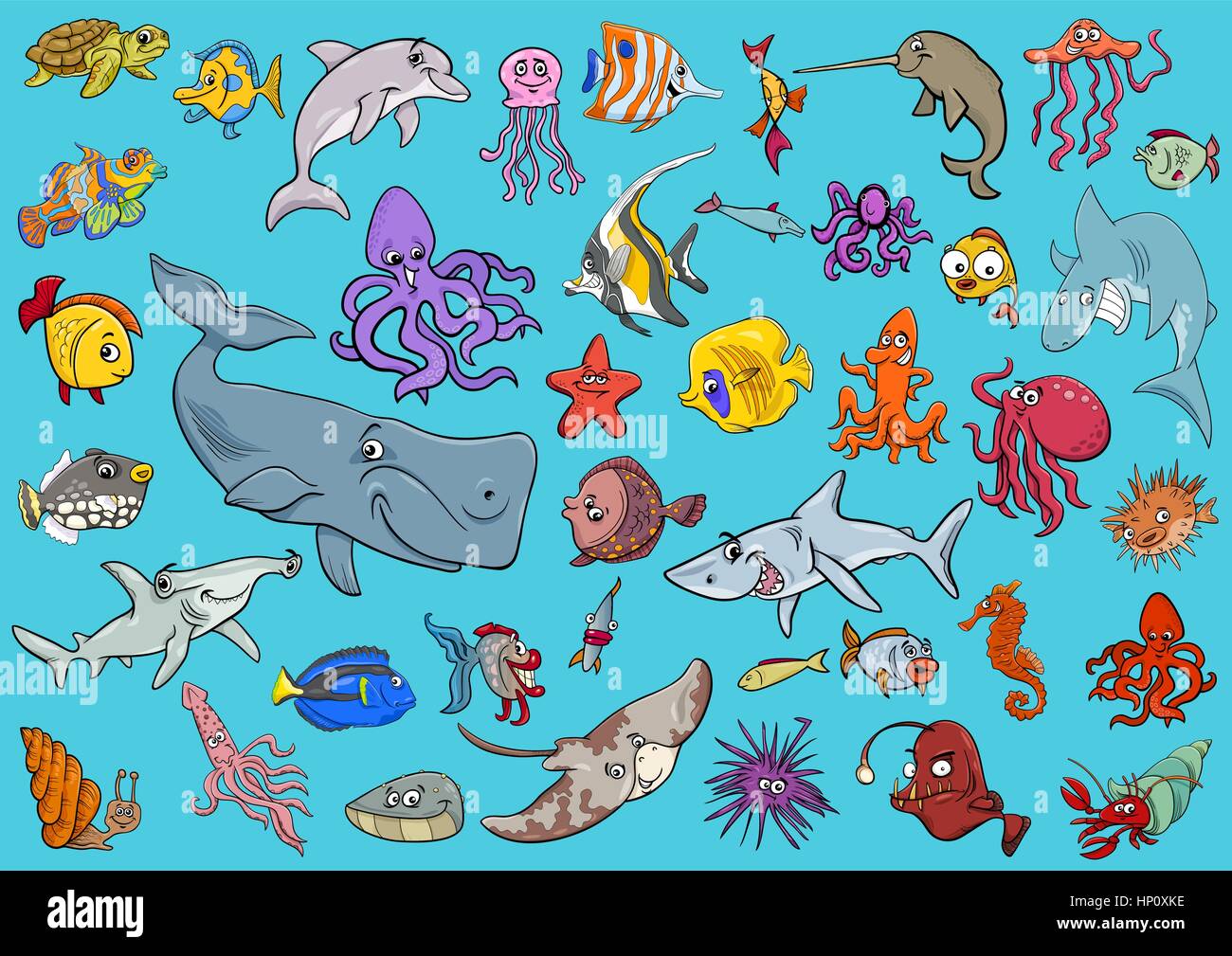 Caricature des illustrations d'animaux de la mer et les poissons du groupe de caractères Illustration de Vecteur