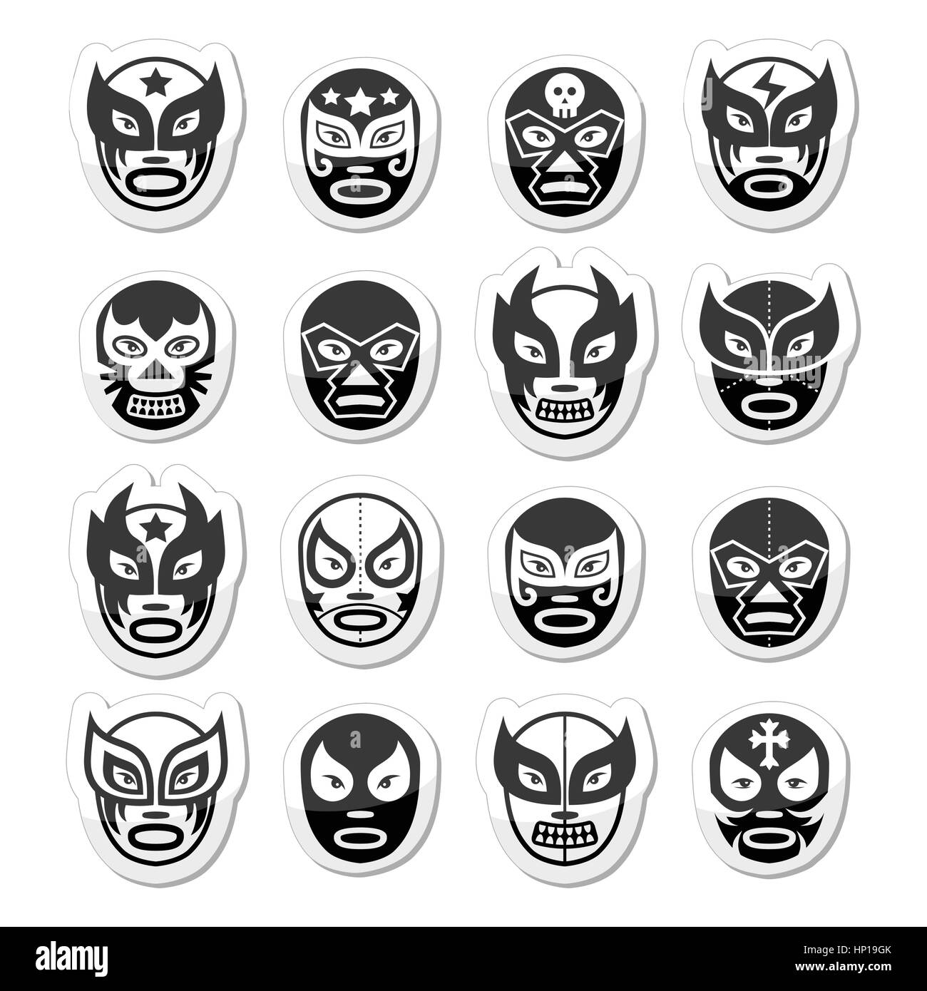 Lucha Libre, le catch mexicain luchador masques noirs icons Illustration de Vecteur