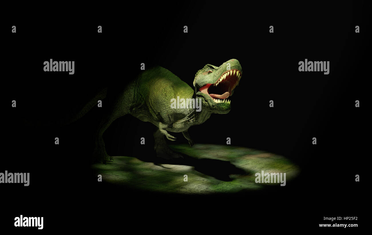Feu de T-rex, dinosaure Tyrannosaurus rex entre dans le Spotlight (illustration 3d) Banque D'Images
