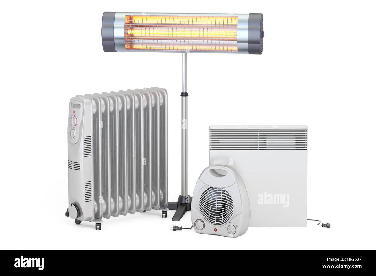 Les appareils de chauffage. La convection, remplis d'huile, ventilateur et chauffage radiant infrarouge, rendu 3D isolé sur fond blanc Banque D'Images