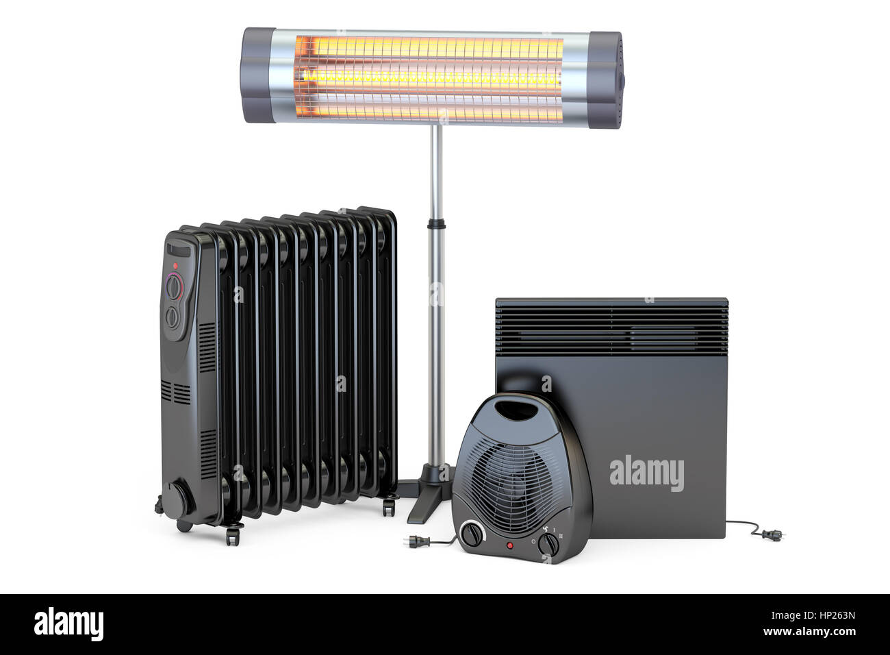 Ensemble d'appareils de chauffage. La convection, remplis d'huile, ventilateur et chauffage radiant infrarouge, rendu 3D isolé sur fond blanc Banque D'Images