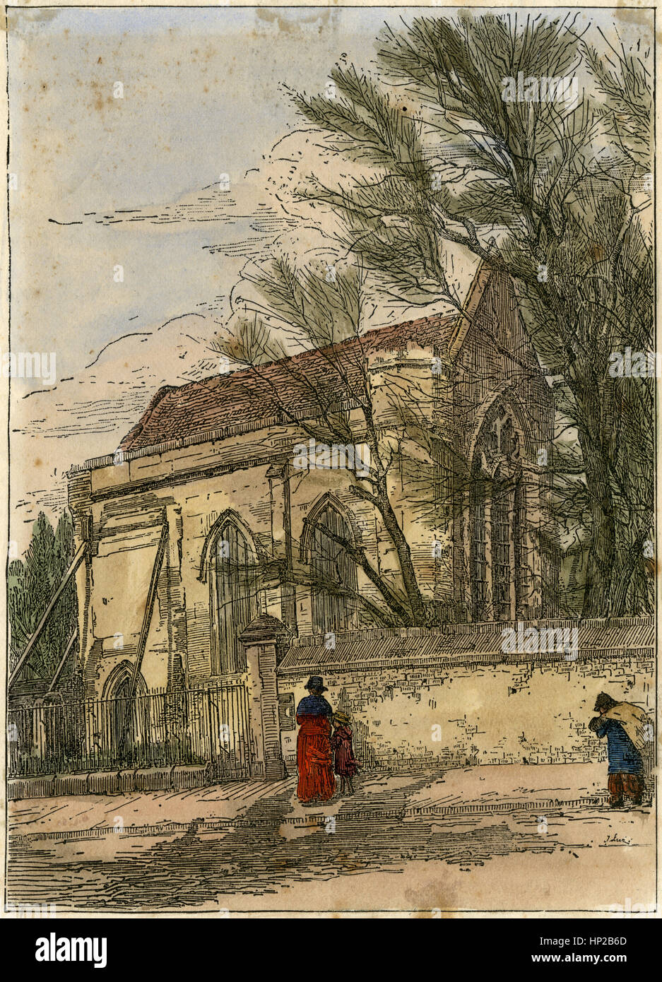 Gravure ancienne c1880, ruines de la chapelle, qui s'est effondré en 1730, en 1880 à Kingston upon Thames, Londres, Angleterre. SOURCE : ORIGINAL DE LA GRAVURE EN COULEUR. Banque D'Images