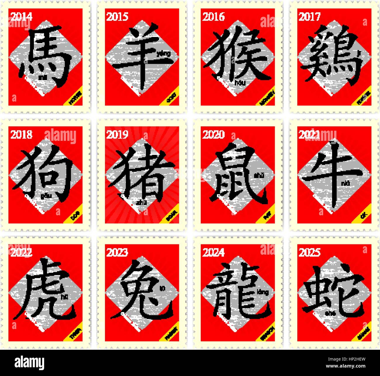 Vector 12 signes du zodiaque chinois avec timbre-poste Illustration de Vecteur