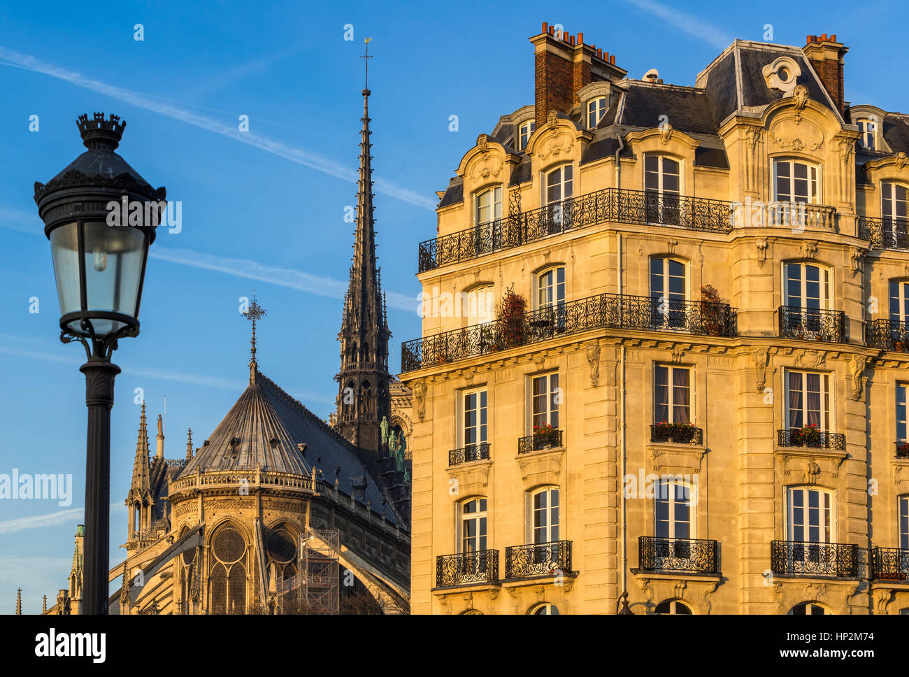 La façade de l'immeuble haussmannien sur l'Ile de la Cité avec la Cathédrale Notre Dame Spire et street lamp post. 4ème arrondissement, Paris, France Banque D'Images