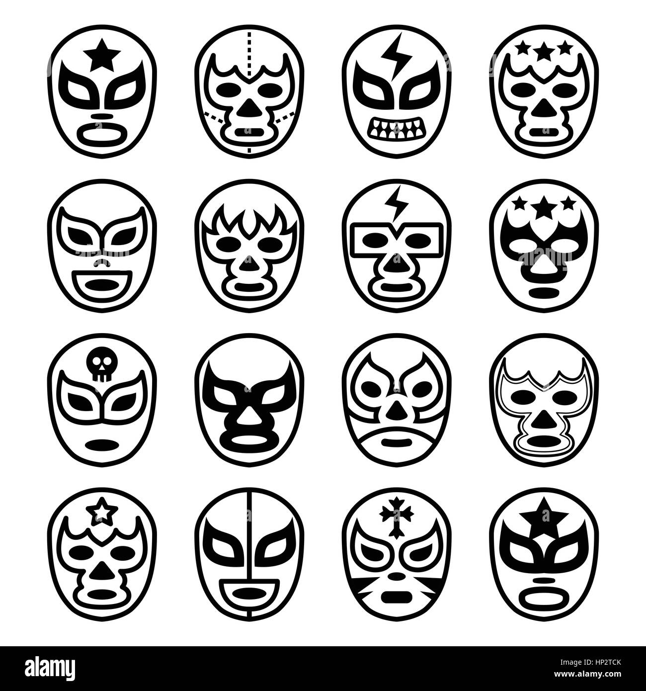 Les masques de catch mexicain de Lucha Libre - ligne icônes noires. Vector icons set de masques portés lors des combats de lutte au Mexique isolated on white Illustration de Vecteur