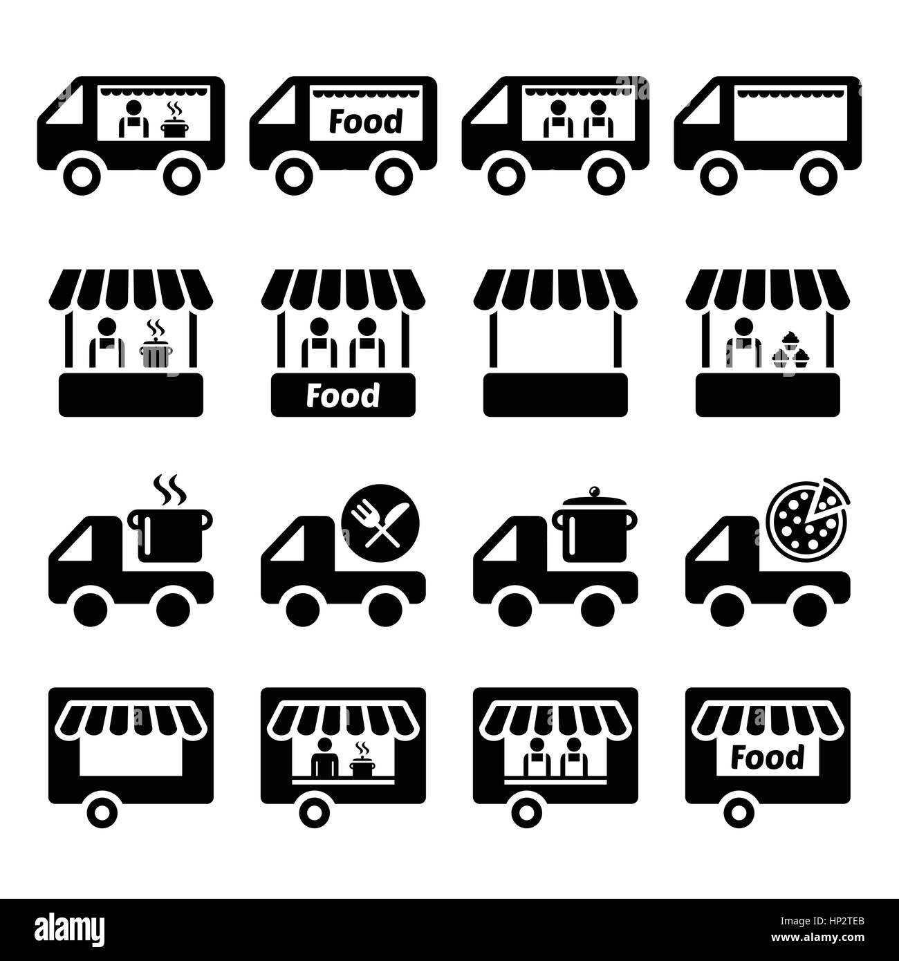 Camion alimentaire, de l'alimentation et de l'alimentation stand trailer icons set. Vector icons set - marché de l'alimentation, de l'alimentation isolée du festival Illustration de Vecteur